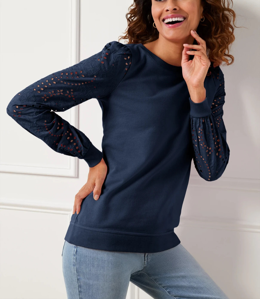 Talbots Eyelet Sleeve Crew neck women Sweatshirt top 100% Cotton 2X A010548